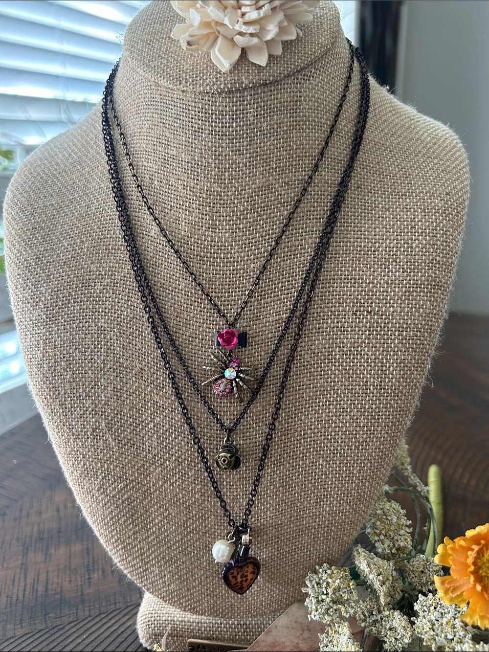 Betsey Johnson Antique Bronze Multi-Layer Necklace with Pink Flower/2 necklaces